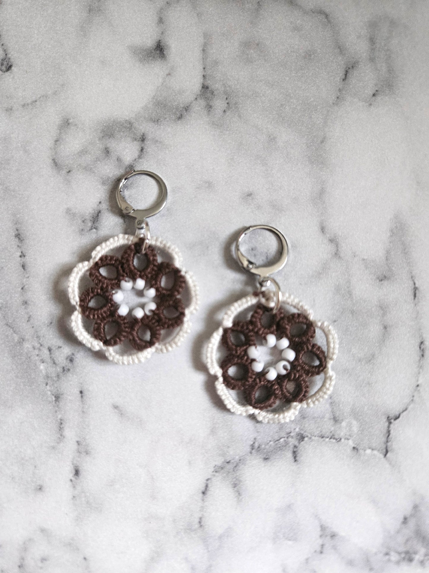 Round Tatted Lace Earrings (Marshmallow Hot Chocolate)