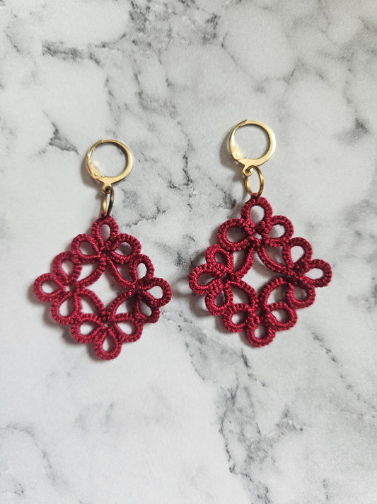 Diamond Tatted Lace Earrings (Dark Cherry)