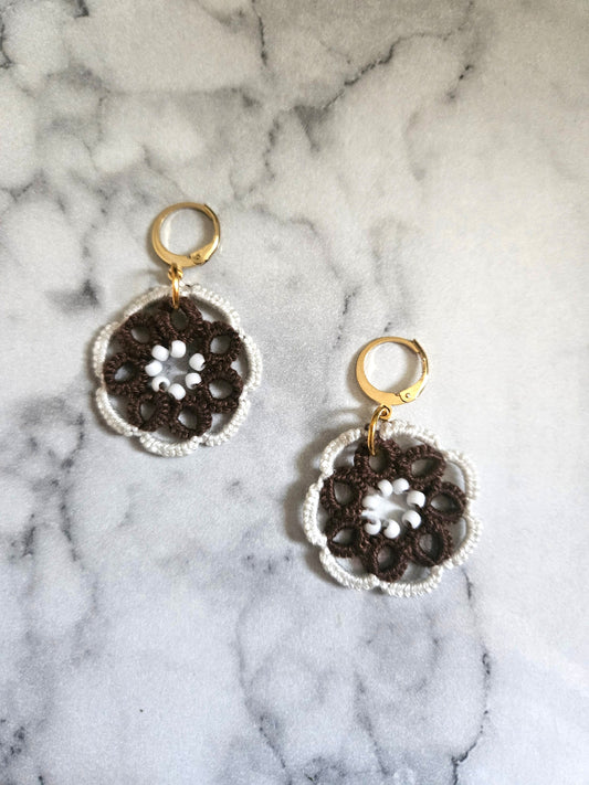 Round Tatted Lace Earrings (Marshmallow Hot Chocolate)