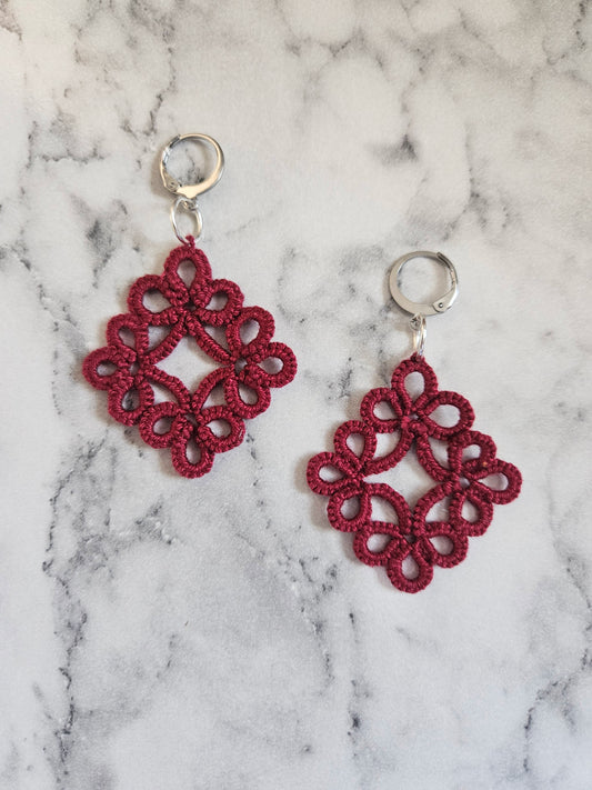 Diamond Tatted Lace Earrings (Dark Cherry)